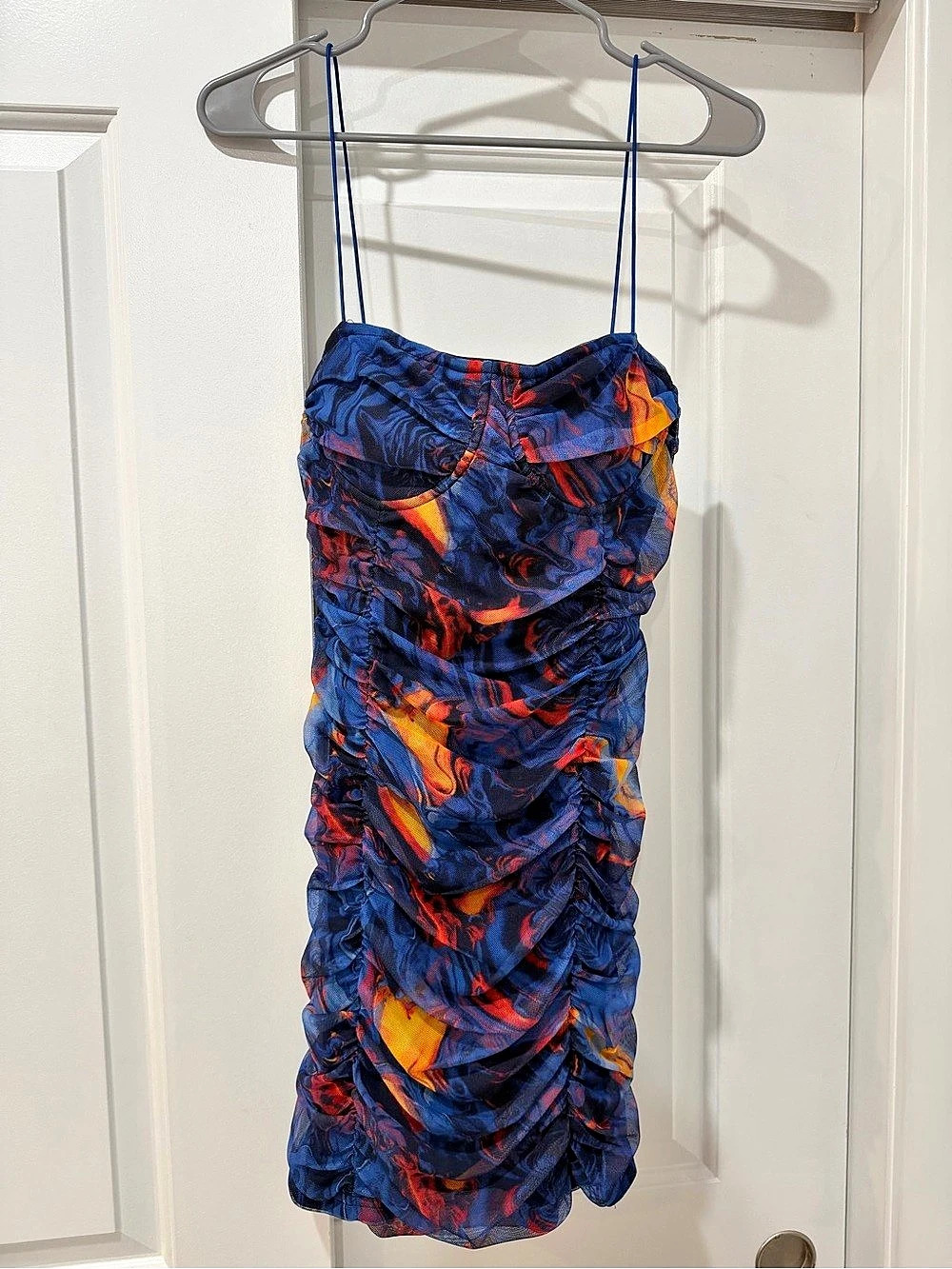 PrettyLittleThing Ruched Abstract Mini Dress Blue